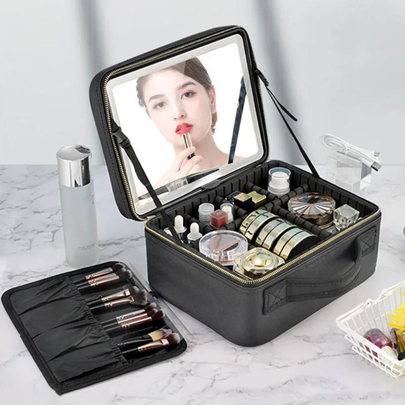 Trousse à cosmétiques intelligente LED avec miroir, trousse de maquillage de voyage, grande capacité