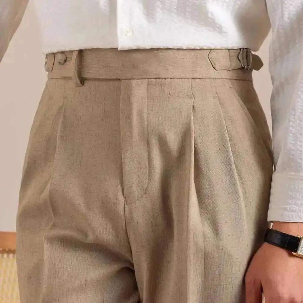 Naples taille haute lin Pantalon de Costume hommes respirant jambe droite Pantalon de bureau hommes