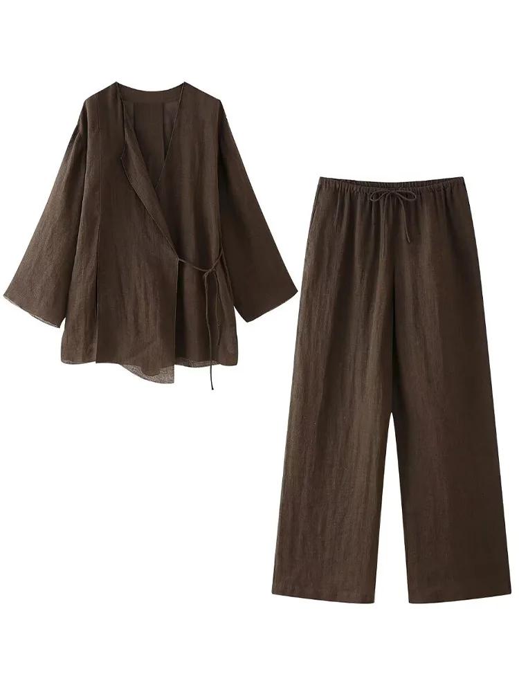 Willshela femmes mode 2 pièces ensemble solide à lacets chemises et Vintage taille élastique pantalo