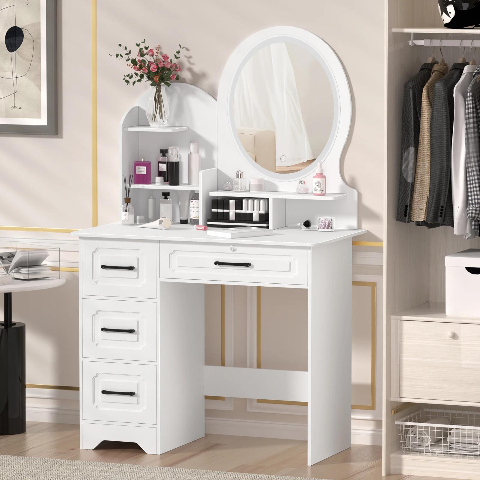 Table de maquillage moderne avec miroir et lumières, étagères de rangement supplémentaires, coiffeus