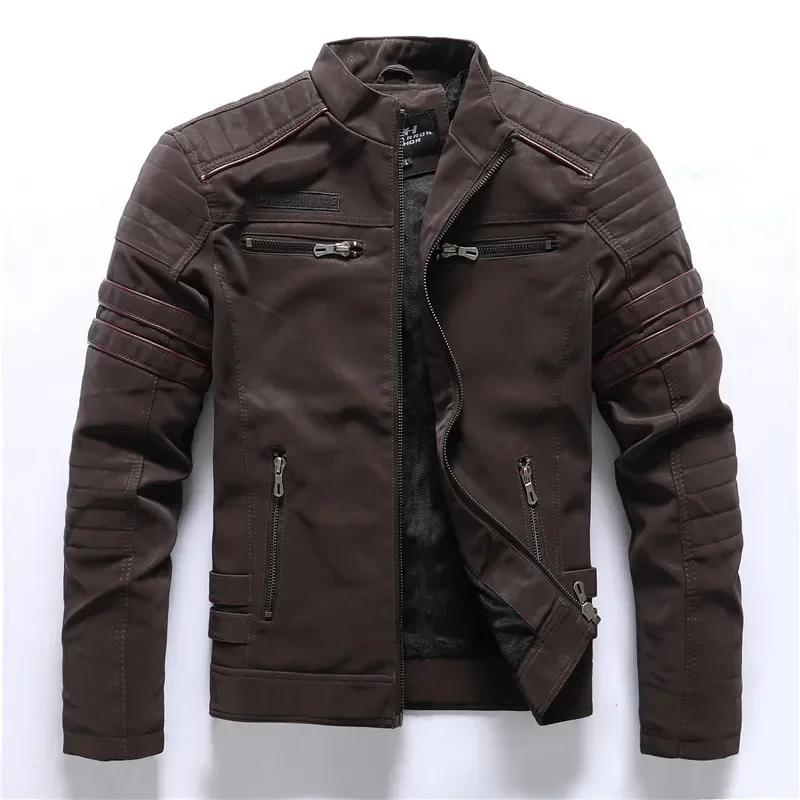Vintage polaire veste en cuir hiver hommes marque moto PU chaud multi-poches en cuir manteau mâle fe