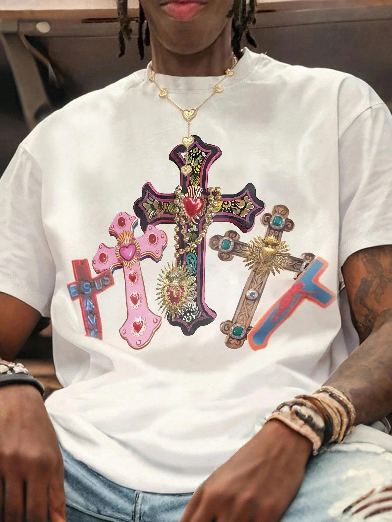 Hommes confortable hommes blanc col rond T-Shirt croix jésus imprimé T-Shirt Vintage chemise graphiq