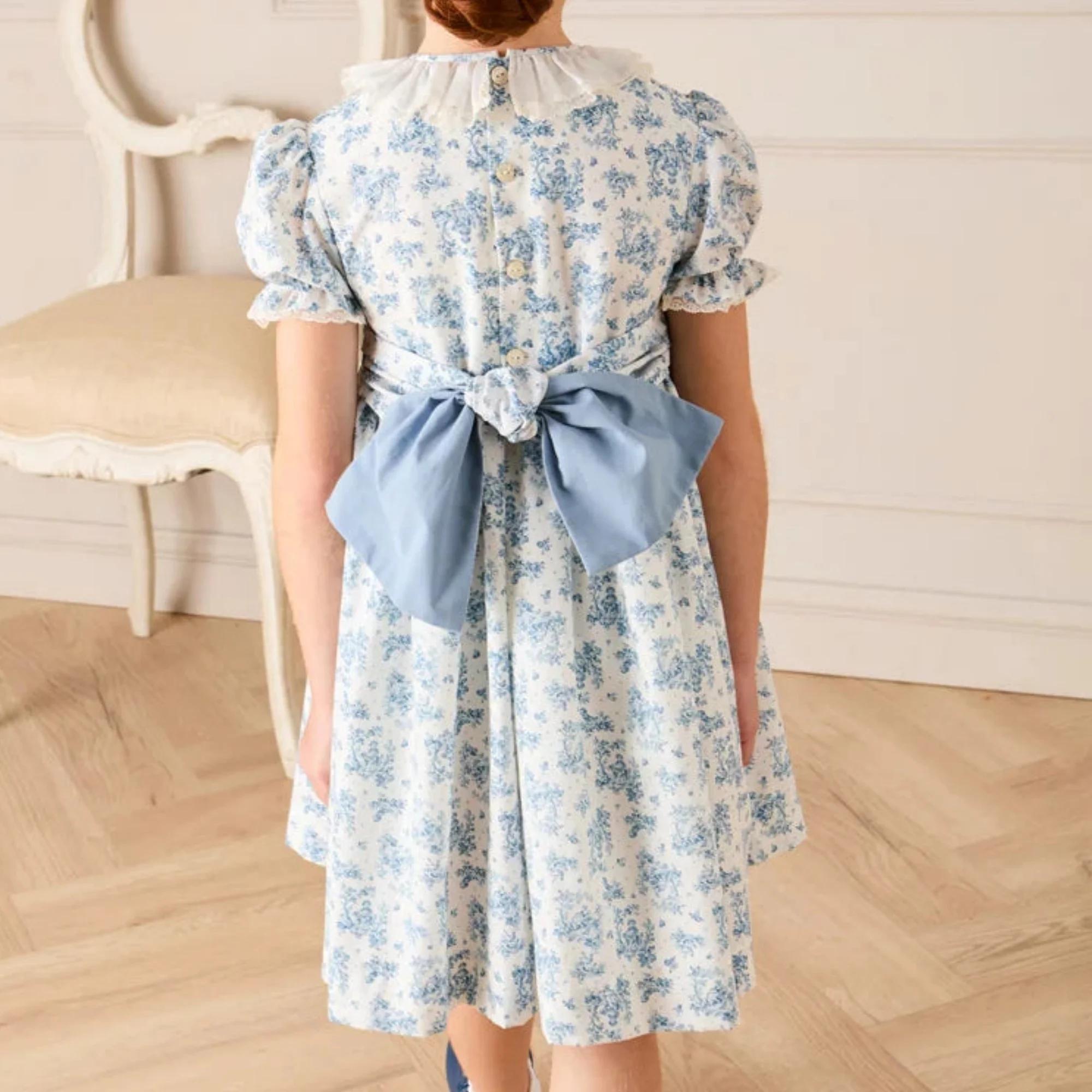 Robe d'été pour filles, style smocké, manches courtes bouffantes, col en dentelle à volants, imprimé