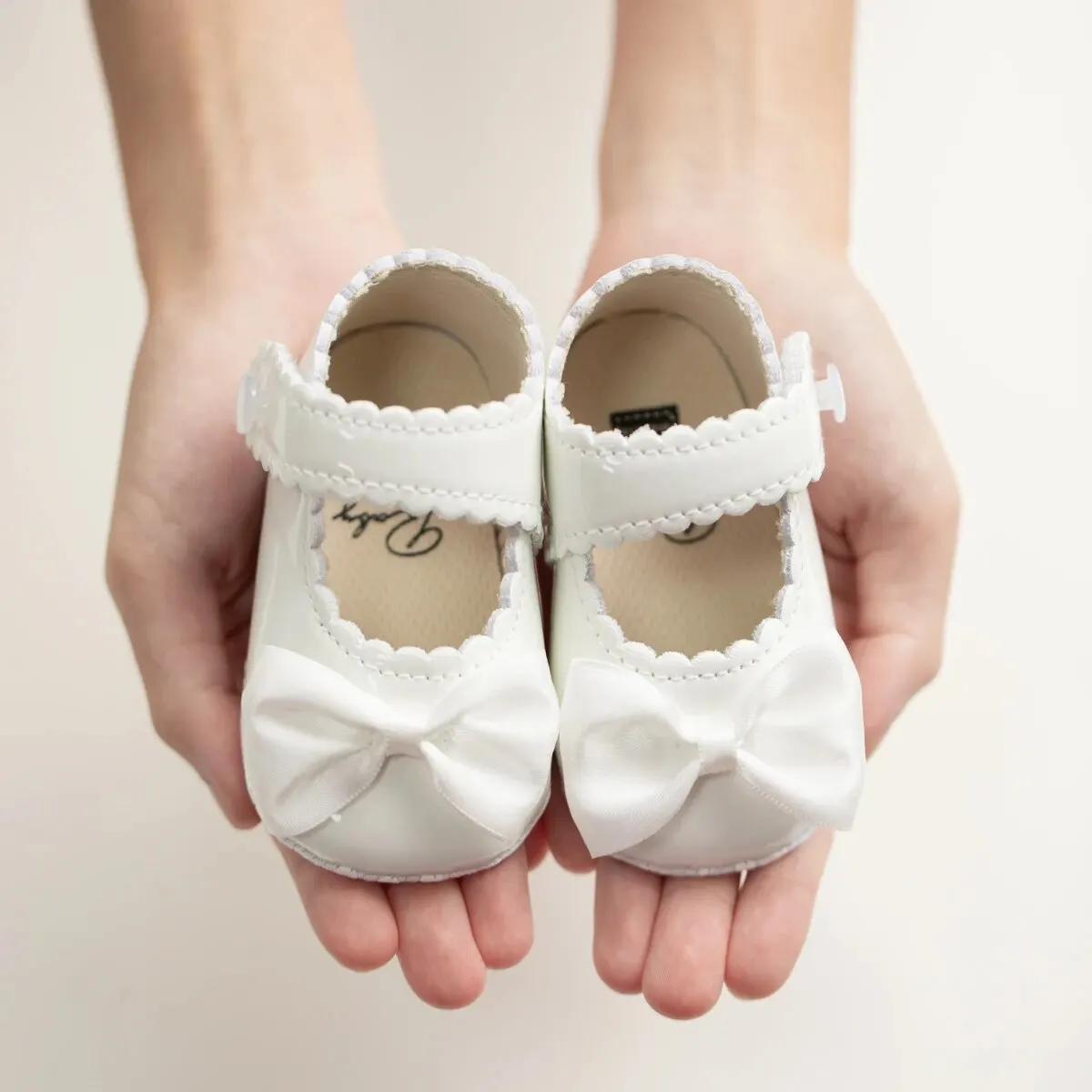 Meckior classique en cuir PU fille bébé chaussures nœud princesse plat antidérapant coton bas marche