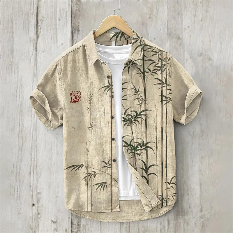 Chemise en lin-2025 été hommes revers à manches courtes T-shirt décontracté imprimé chemise élégant