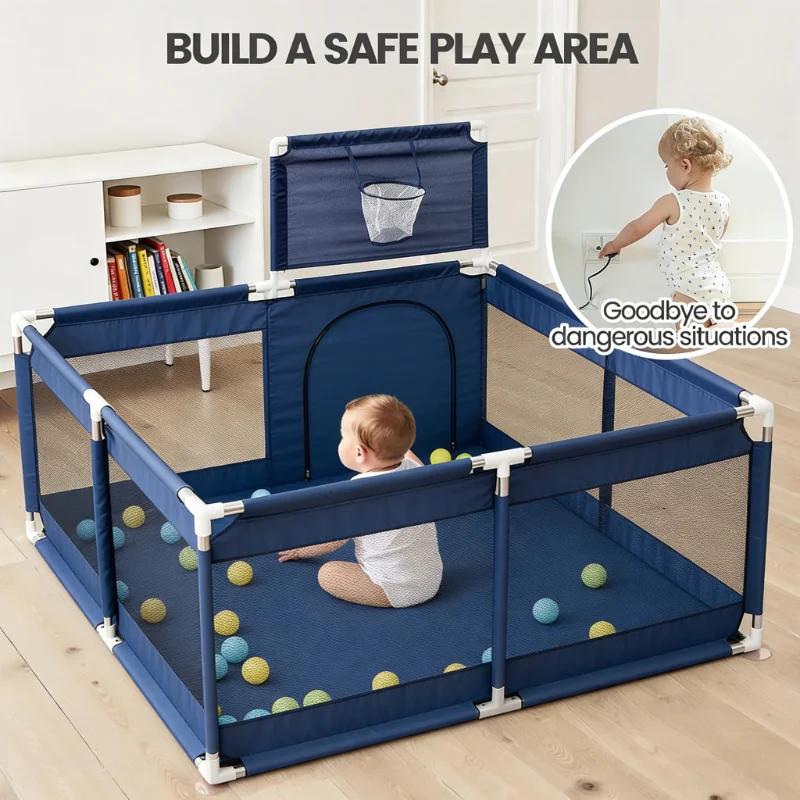 Parc de jeu pour bébé avec panier de basket, aire de jeu de 128 x 128 cm pour tout-petits, centre d'