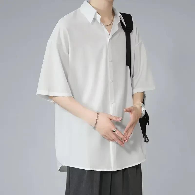 Chemise à manches courtes en soie glacée pour hommes, coupe ample, Style coréen, chemise noire tenda