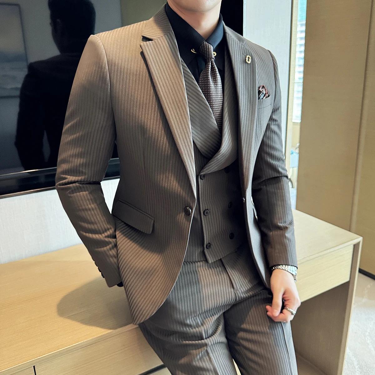 (Vestes + pantalons + gilet) costume de luxe à rayures pour hommes Version coréenne mode élégant cou