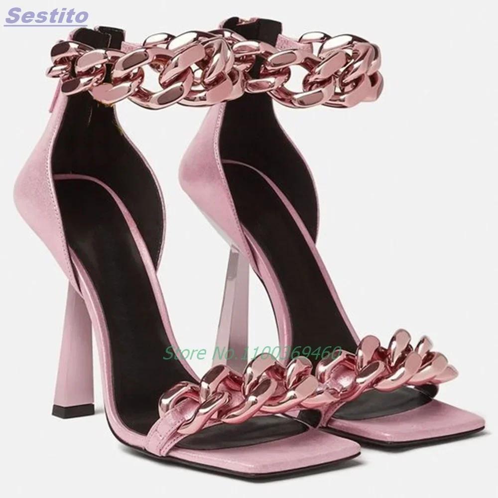 Sandales à talons aiguilles en métal avec chaîne épaisse, bout carré, fermeture éclair arrière, brid