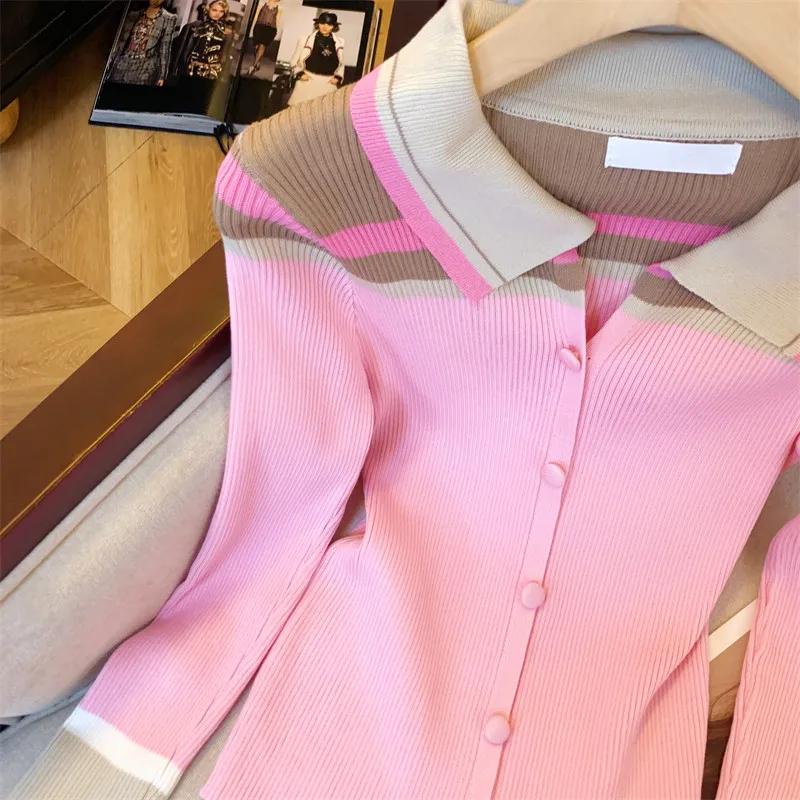  Cardigan ajusté doux en tricot, Style Blazer rose élégant, col contrasté, vêtements de bureau po