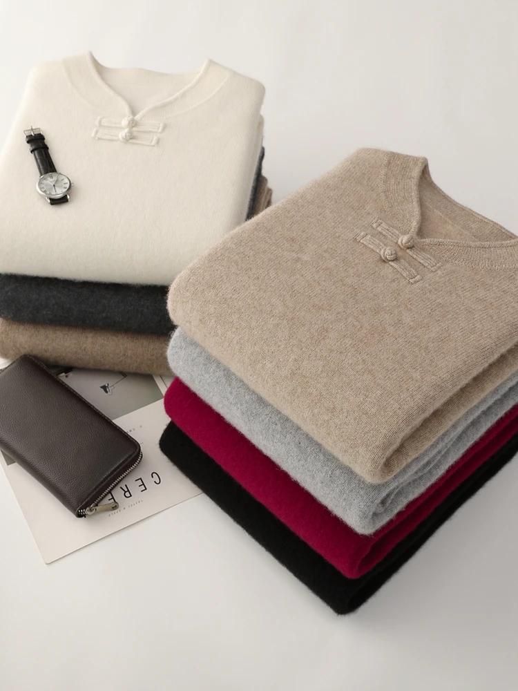 Nouveaux hommes 100% laine mérinos pull manches longues col montant pull cachemire doux disque boucl