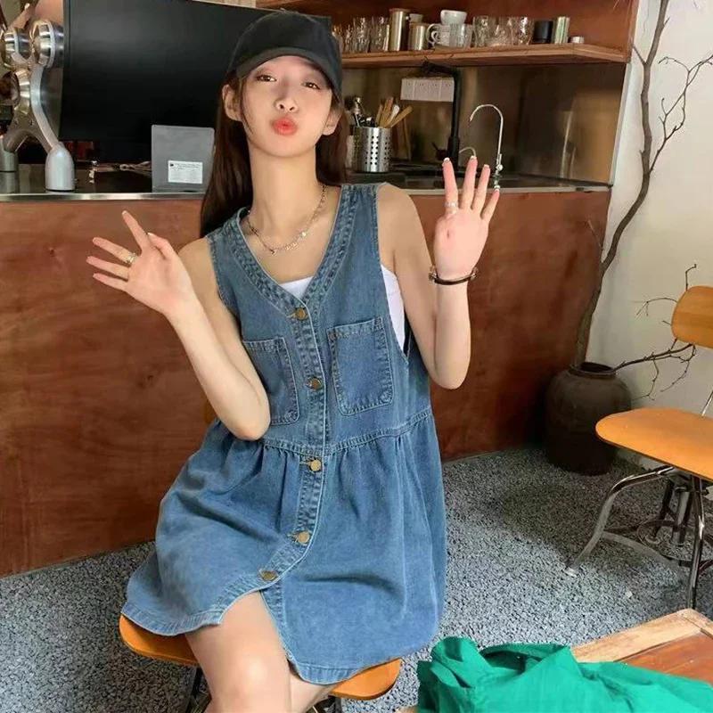 Robe d'été sans manches à bretelles pour femme, style coréen, en jean, coupe ample, mini-robe trapèz