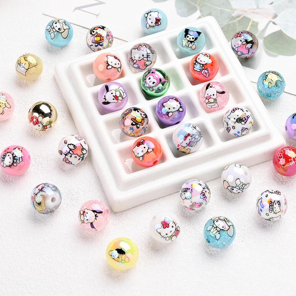 Perles acryliques mélangées aléatoires, 30 pièces, perles rondes imprimées Sanrio, amples pour brico