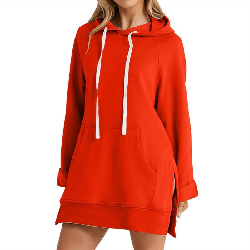 Robe à capuche pour femmes, ourlet fendu, cordon de serrage, ample avec grande poche, pull à capuche