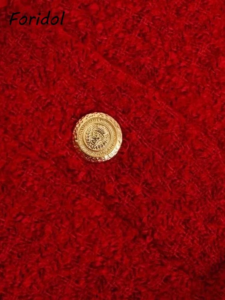 Foridol-Blazer court à double boutonnage et jupe à col rond pour dames, ensembles de bureau, rouge,