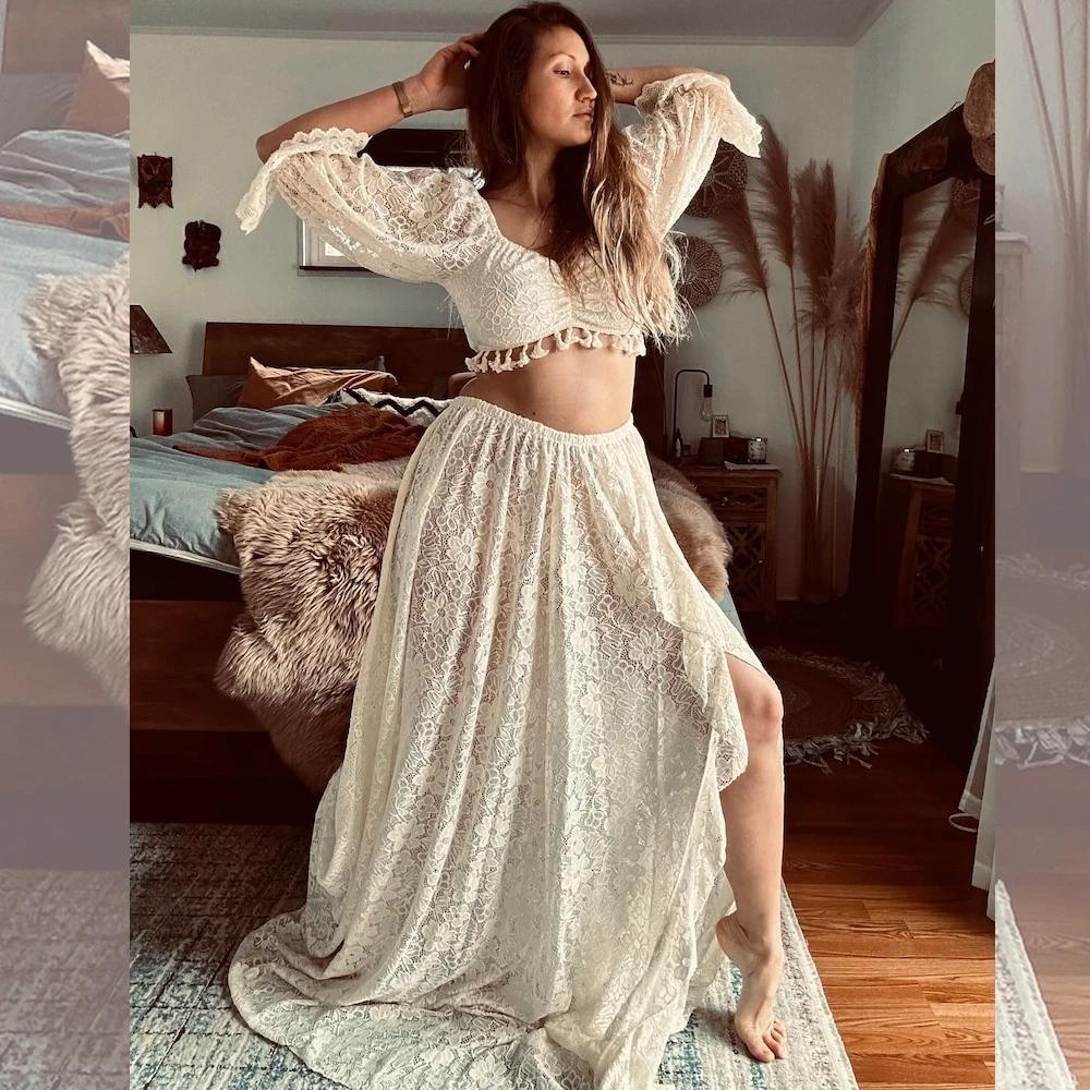 ALTERPhotography-Robe fendue sexy en dentelle creuse pour femme enceinte, ensemble de 2 pièces, robe