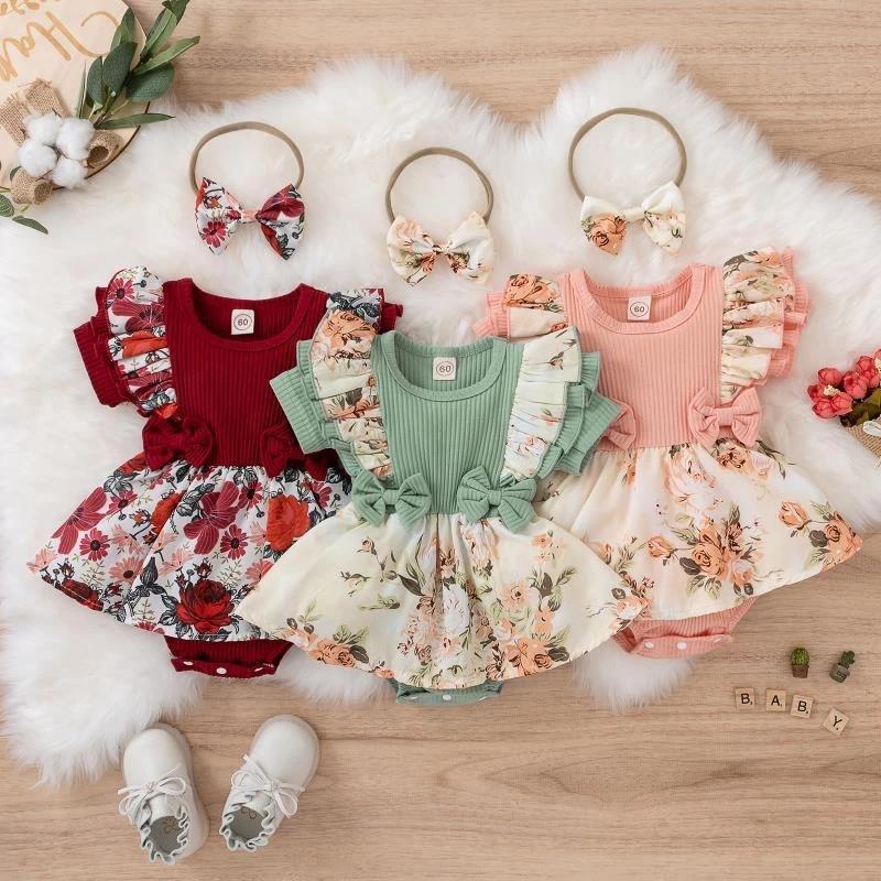 Robe d'été pour bébé fille, combinaison rayée avec nœud papillon, en coton, vêtements floraux pour n