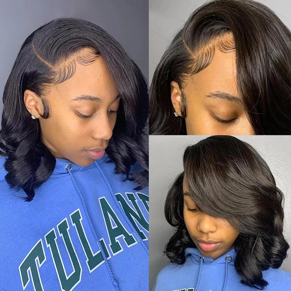 Perruque Bob Brésilienne Naturelle Bouclée, Cheveux Courts Ondulés, Partie Latérale, pour Femme