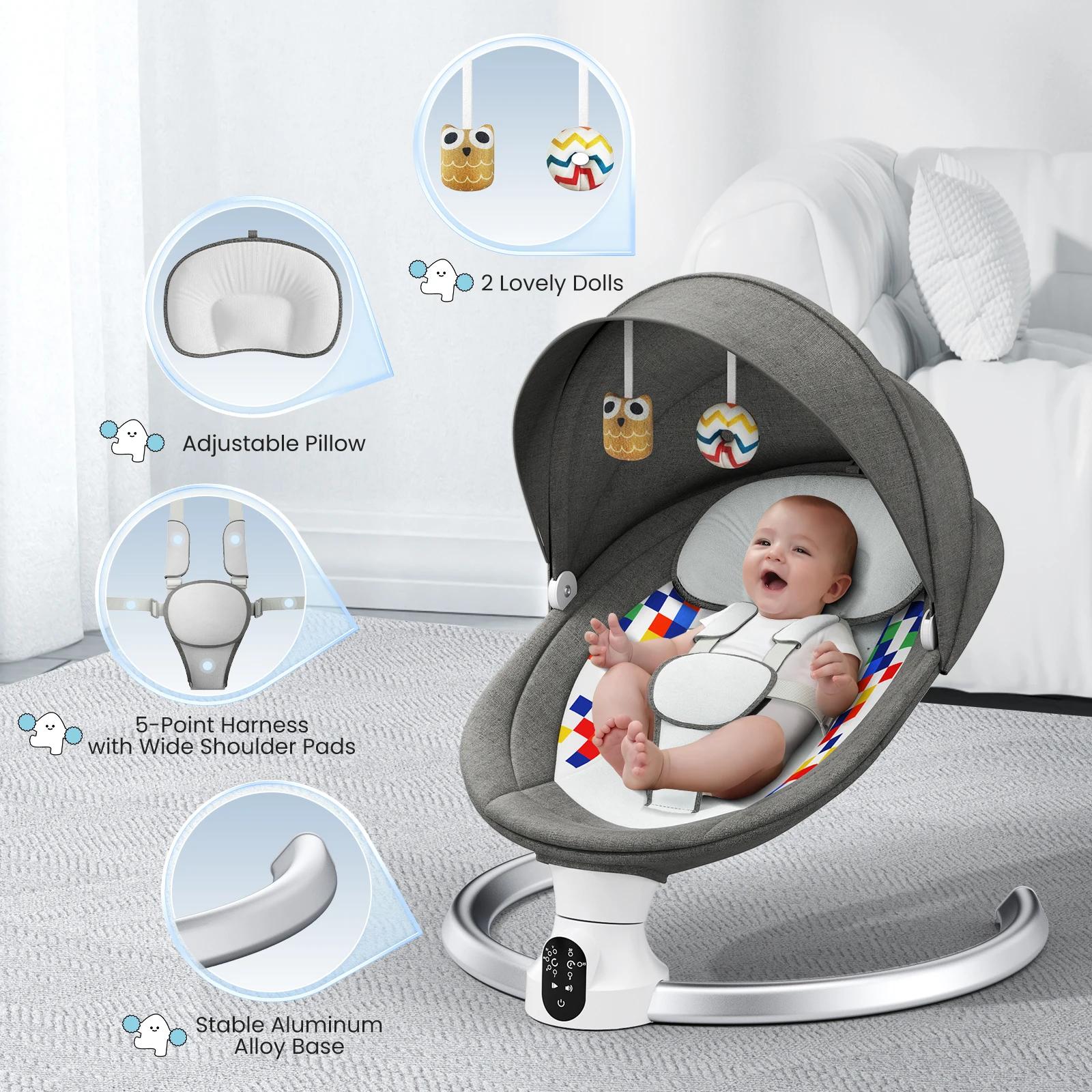 Balançoire bébé, chaise bébé électrique 5 vitesses avec minuterie et 14 musique, chaise bébé électri