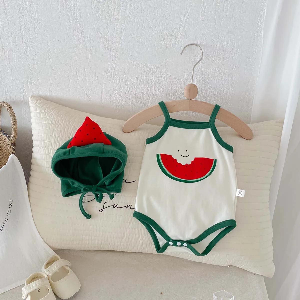 Combinaison d'été style pastèque pour bébé, mignon, écharpe pour bébé homme et femme, chapeau fin et