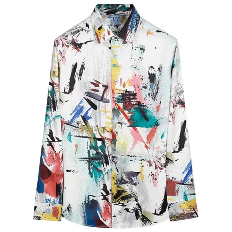 Chemise en polyester pour homme 2026 avec imprimé graffiti, manches longues, coupe ajustée, streetwe