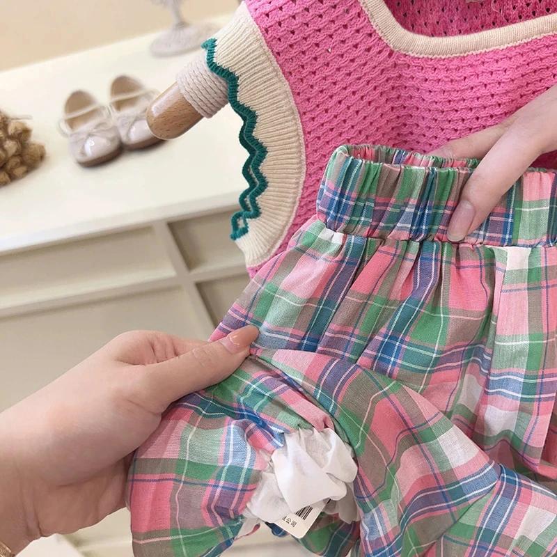 Ensembles de vêtements pour filles, ensemble d'été coréen rose tricoté fin pour filles, gilet ajouré