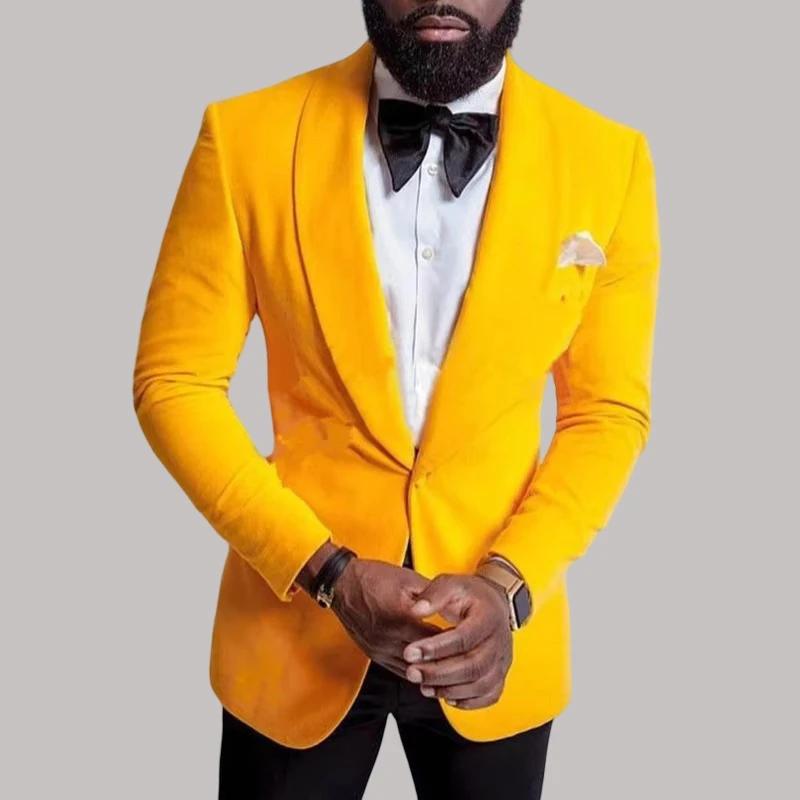 Velours jaune hommes costume veste une pièce bal Blazer pour mariage garçons d'honneur châle revers
