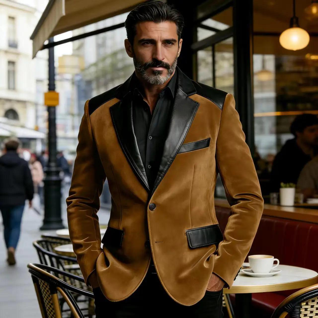Blazer en velours camel pour homme avec patchwork en cuir, coupe ajustée, veste de smoking formelle