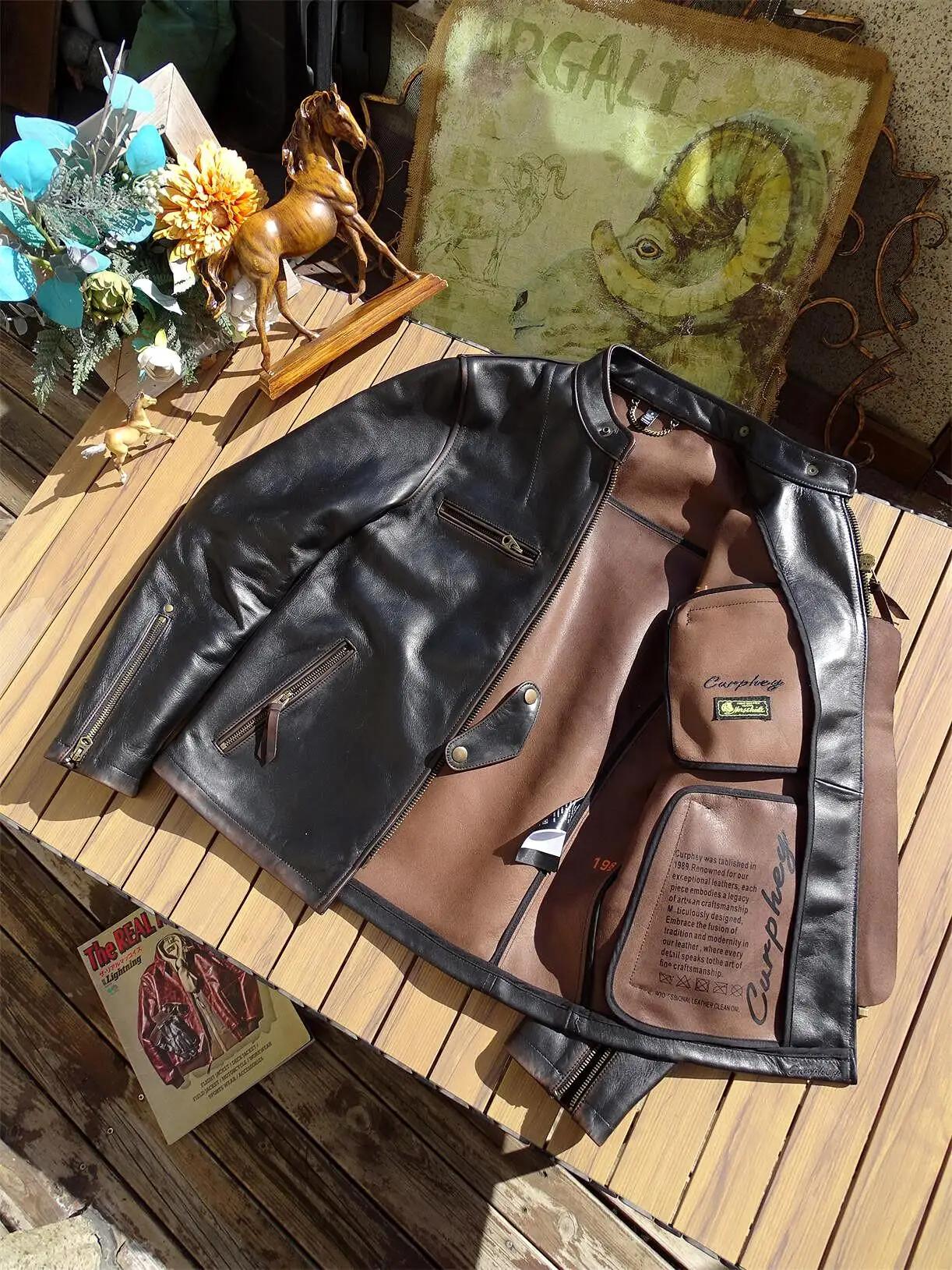 Veste en cuir de style vintage rétro noir pour hommes, manteau en cuir véritable, peau de cheval nat