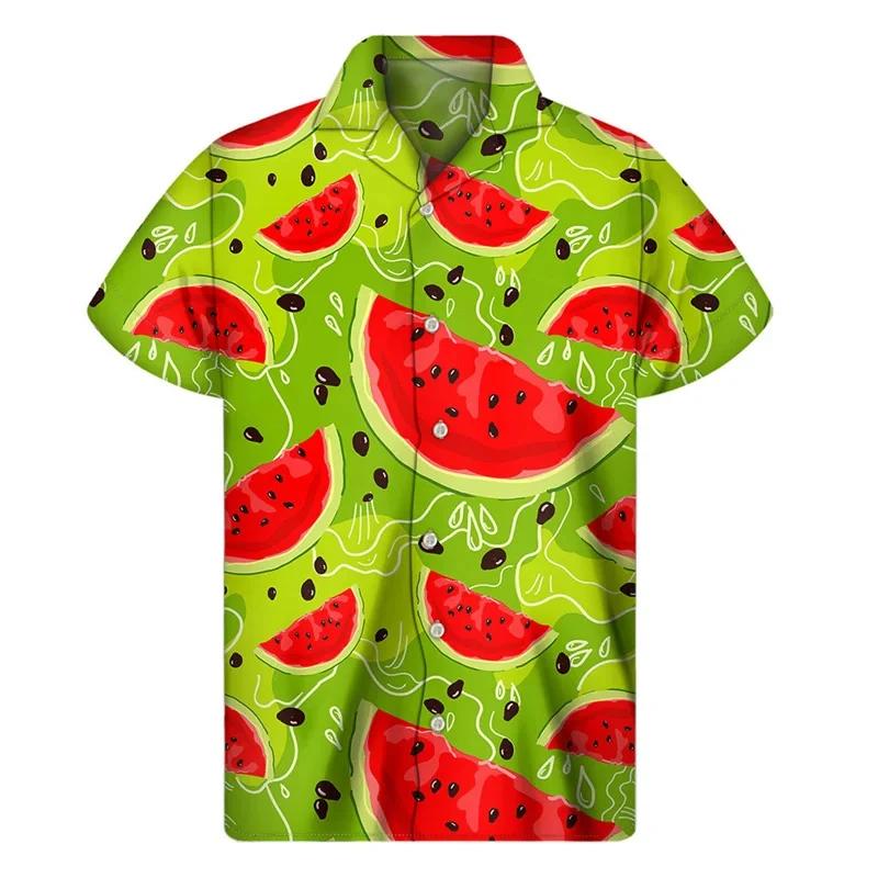 Chemise hawaïenne graphique pastèque tropicale, manches courtes, chemises à boutons de Fruits imprim