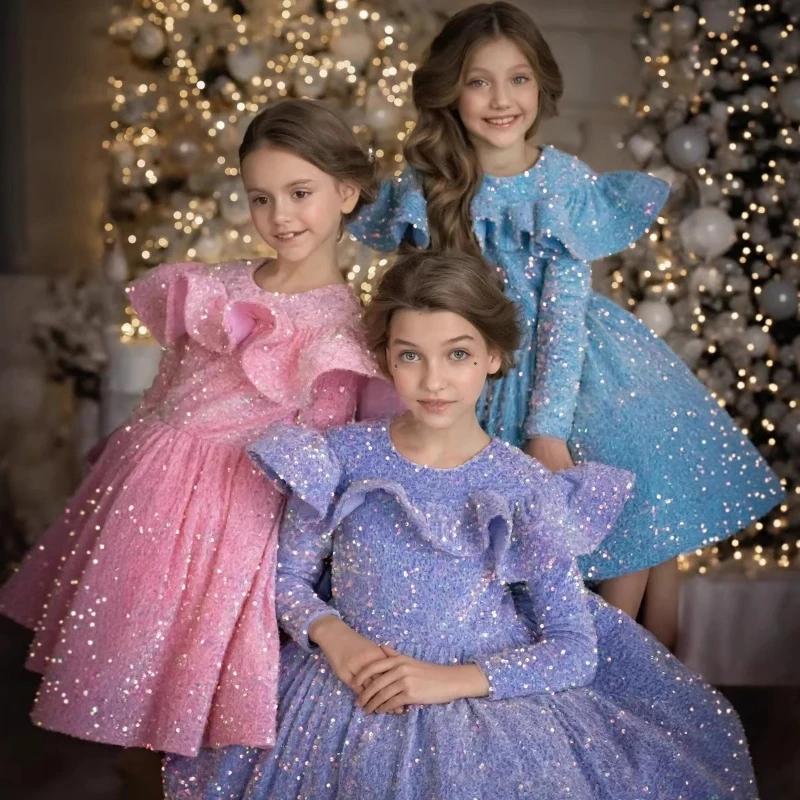 Robe de Princesse à Manches Longues et Paillettes pour Filles, Tenue de Cérémonie pour Fêtes du Nouv