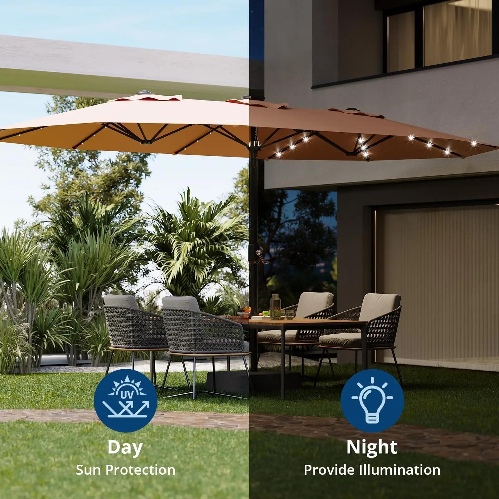 Parasol de patio extérieur de 15 pieds avec lumières LED solaires et base, grand pare-soleil rectang