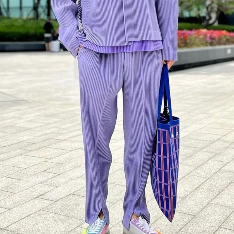Miyake plissé hommes fente pantalon noir drapé automne décontracté pantalon droit ample Simple vêtem