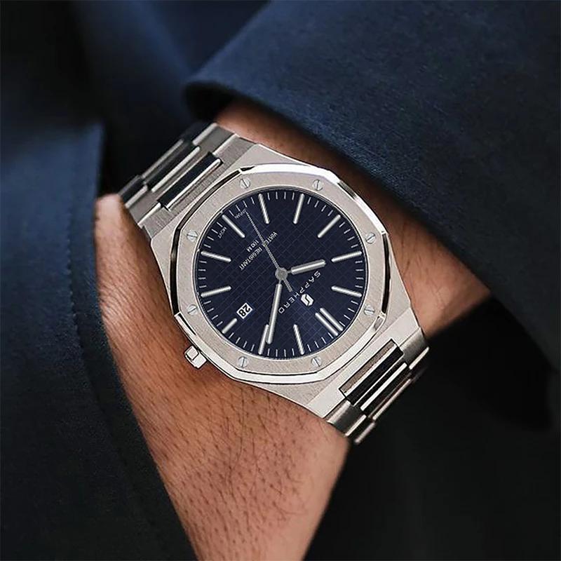 SAPPHERO montre pour hommes, bracelet en acier inoxydable, conception résistante à l'eau, calendrier