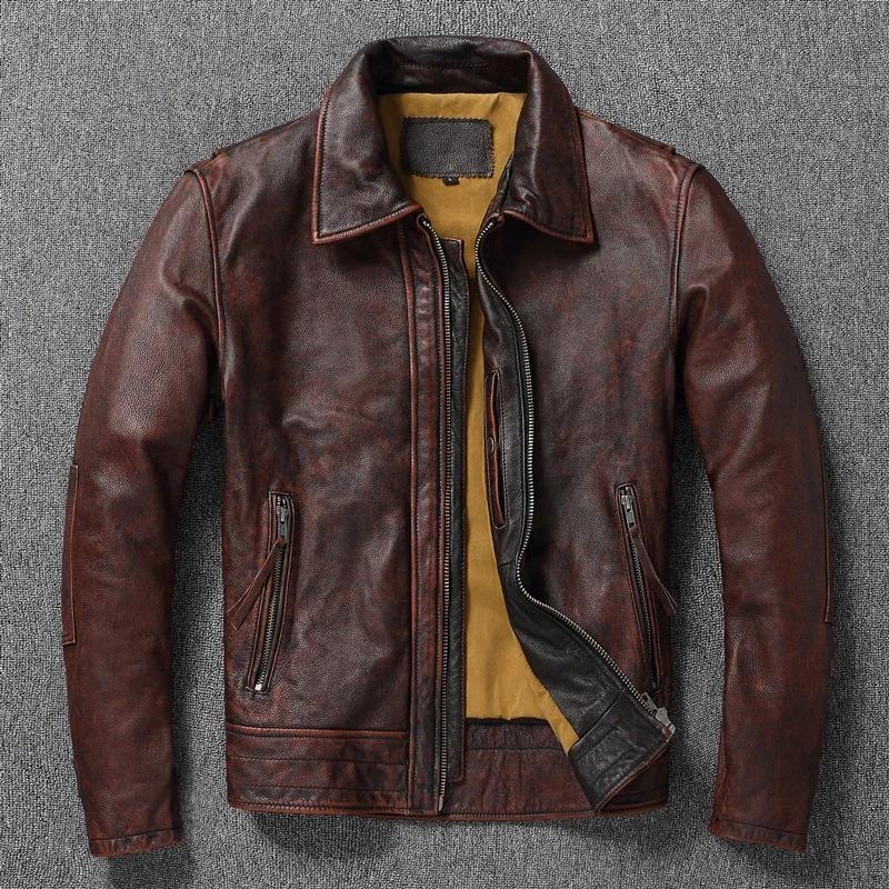 Veste en cuir de vache surdimensionnée, couche supérieure, rouge-marron, Style moto rétro américain,
