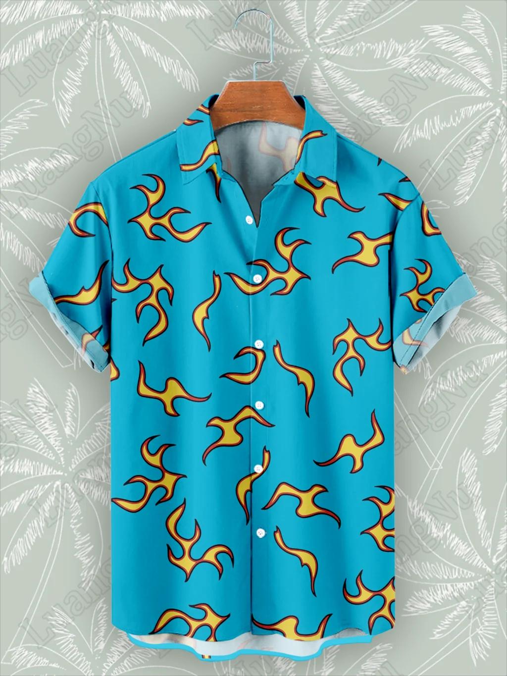 Chemise hawaïenne bleue flamme pour hommes, manches courtes, chemises de rue décontractées, mode hau