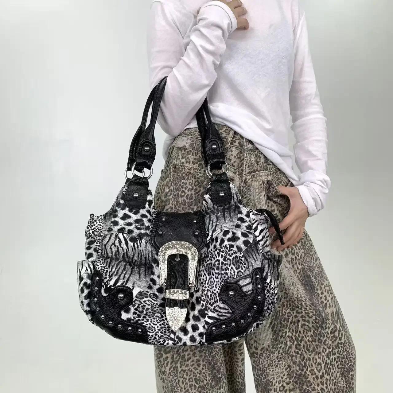 Y2K – sac fourre-tout en patchwork imprimé léopard pour fille épicée, personnalité de rue, avec plus
