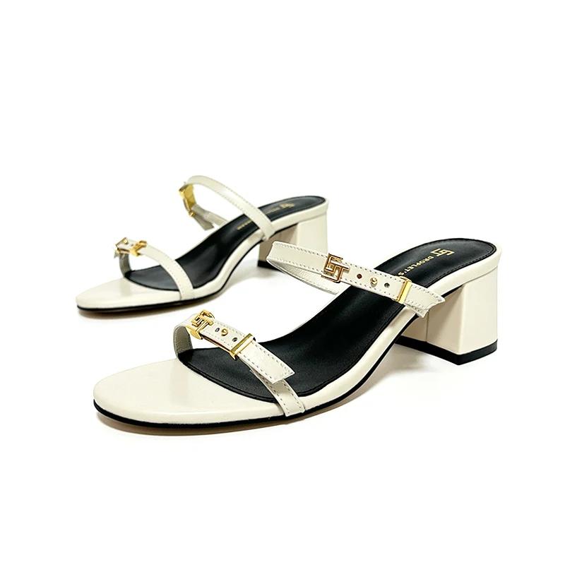 GJ-Pantoufles en cuir à tête ronde, sandales d'extérieur, pantoufles de banquet et de fête, mode déc