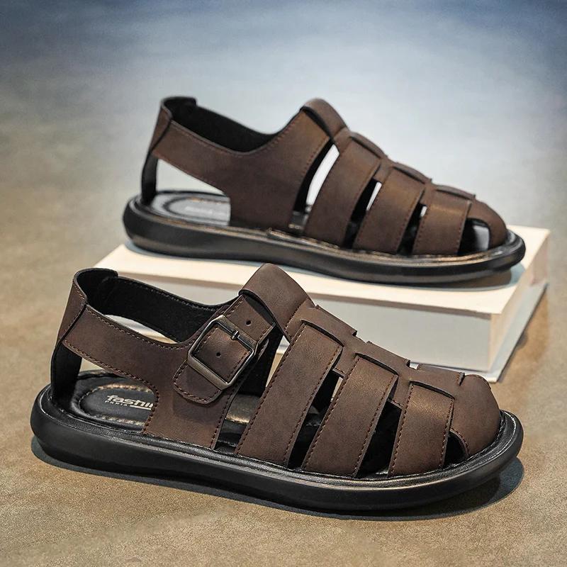 Sandales d'été en cuir de haute qualité pour hommes, chaussures romaines décontractées, chaussures d