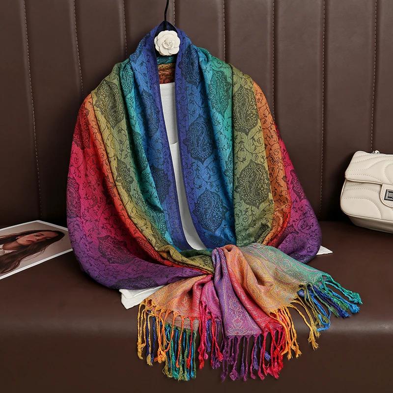 Couleurs arc-en-ciel hiver chaud épais Style ethnique Jacquard écharpe femmes voyage musulman Hijab