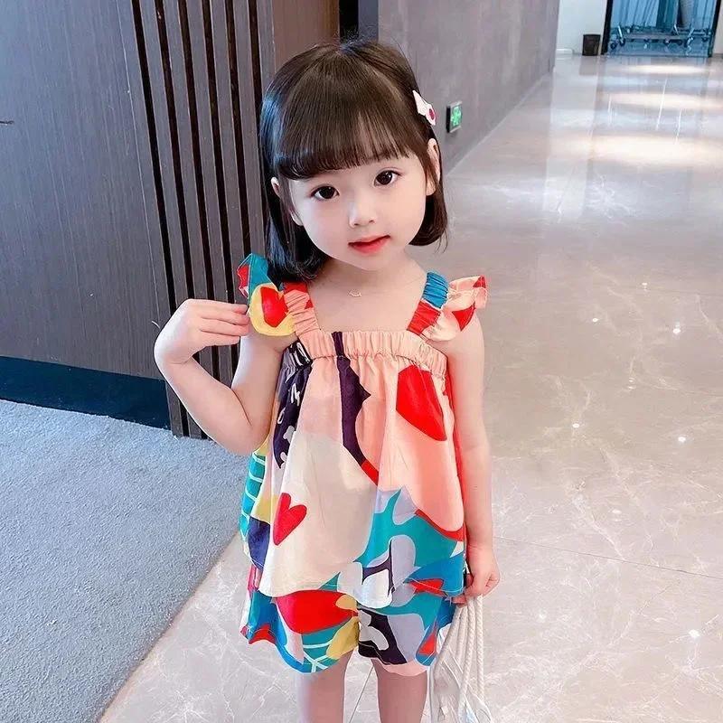 Ensemble de vêtements d'été pour bébés filles, haut à bretelles, couleur assortie, gilet à fleurs +