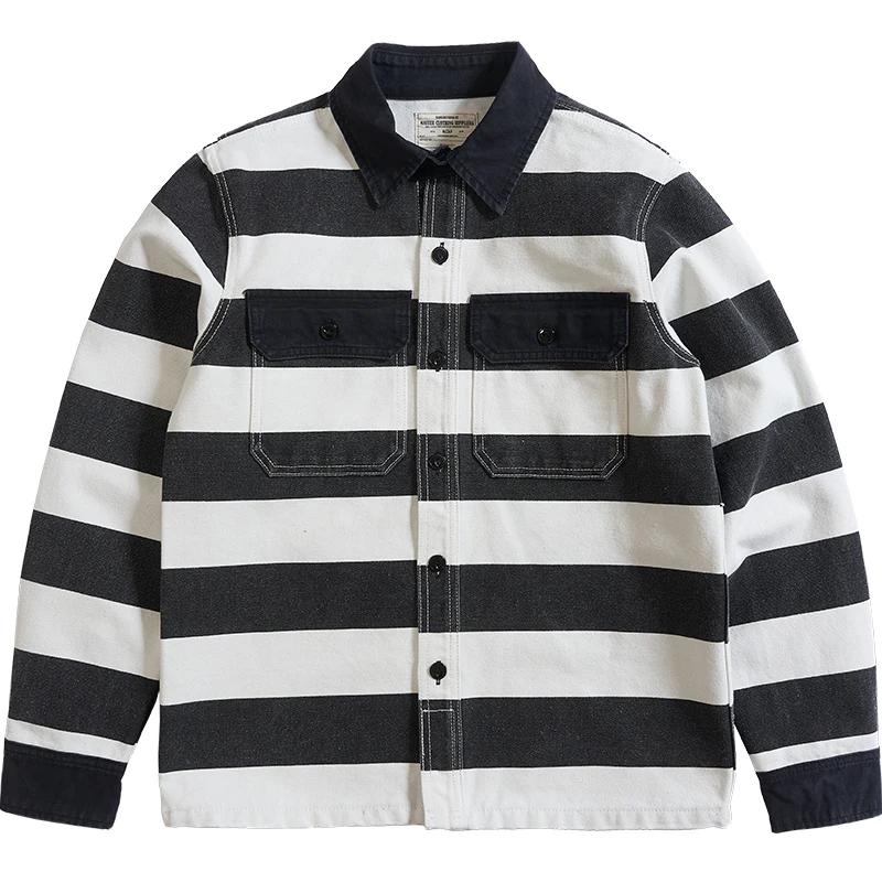 Automne nouveau américain rétro 16oz lourd prisonnier rayé veste hommes mode pur coton lavé épais to