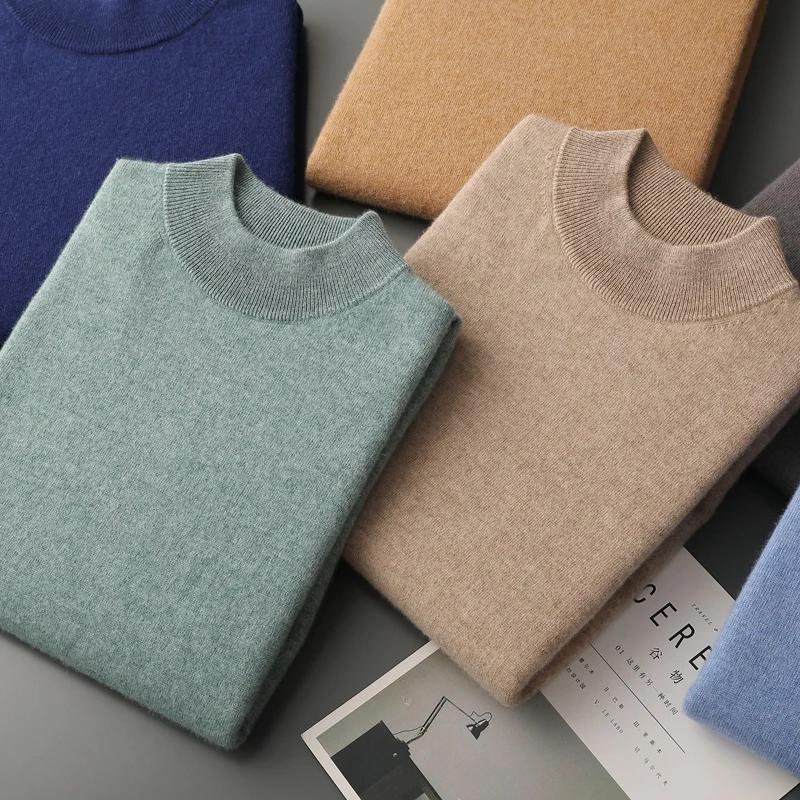 Pull à manches courtes en cachemire pur pour hommes, pull en tricot décontracté, ample, col semi-hau