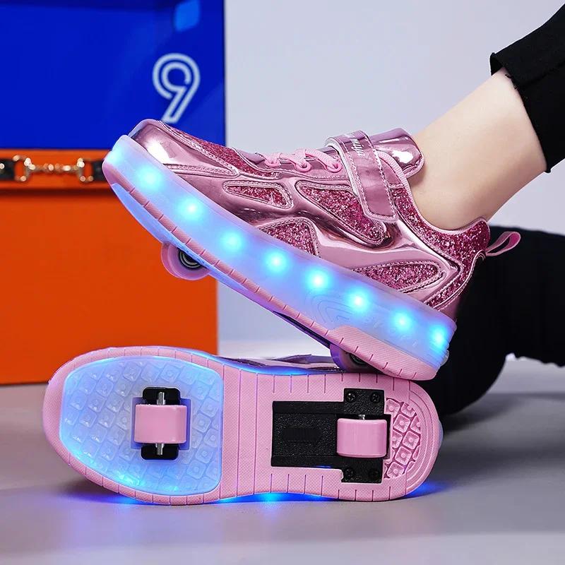 Baskets pour enfants hommes filles patins à roulettes patins à glace à roues lumière LED rose enfant