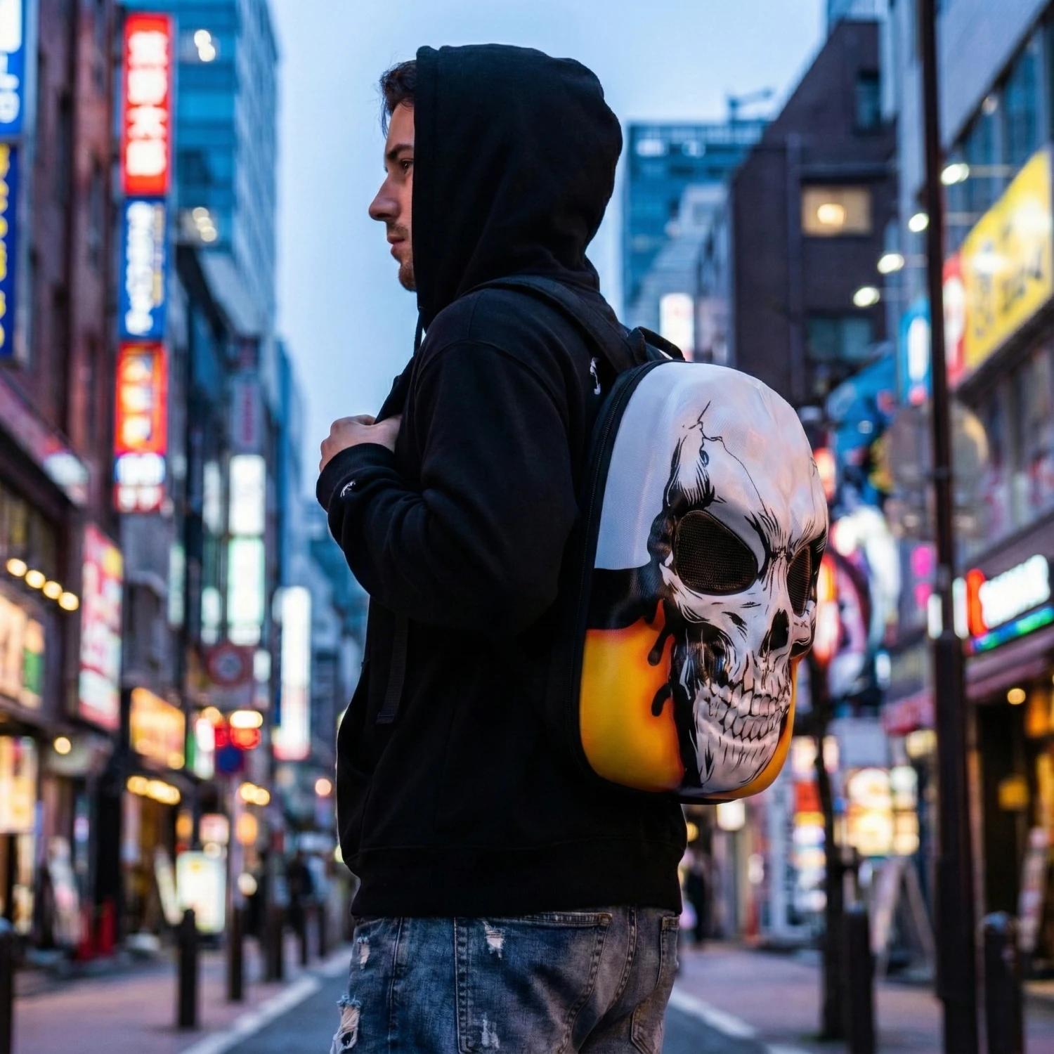 Sac à dos de moto à coque rigide avec crâne LED 3D, avec yeux programmables, contrôle par applicatio