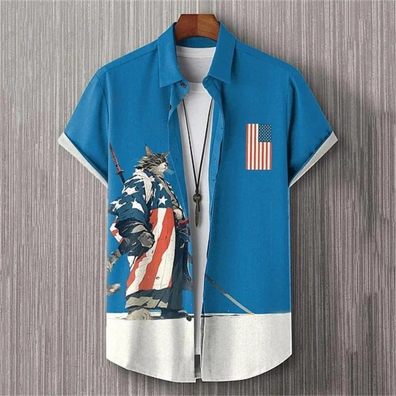 Chemise en lin-2025 été hommes revers à manches courtes T-shirt décontracté imprimé chemise élégant