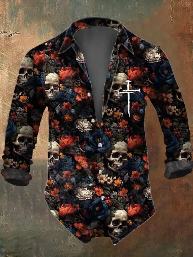 Chemise à manches longues décontractée noire à imprimé de crâne foncé vintage pour hommes d'Hallowee