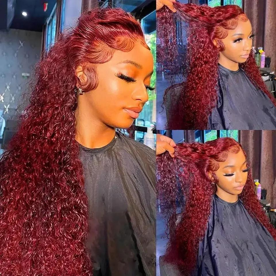 Perruque Deep Wave Lace Frmeds Naturelle pour Femme, Cheveux Bouclés, Bordeaux, HD, Densité 250, 30