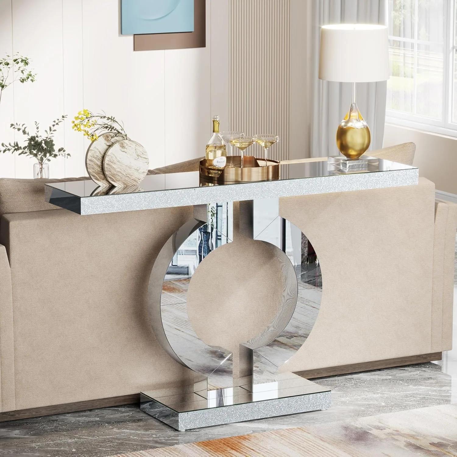 Table console en miroir avec base en forme de O, table d'entrée, table de canapé en verre avec finit