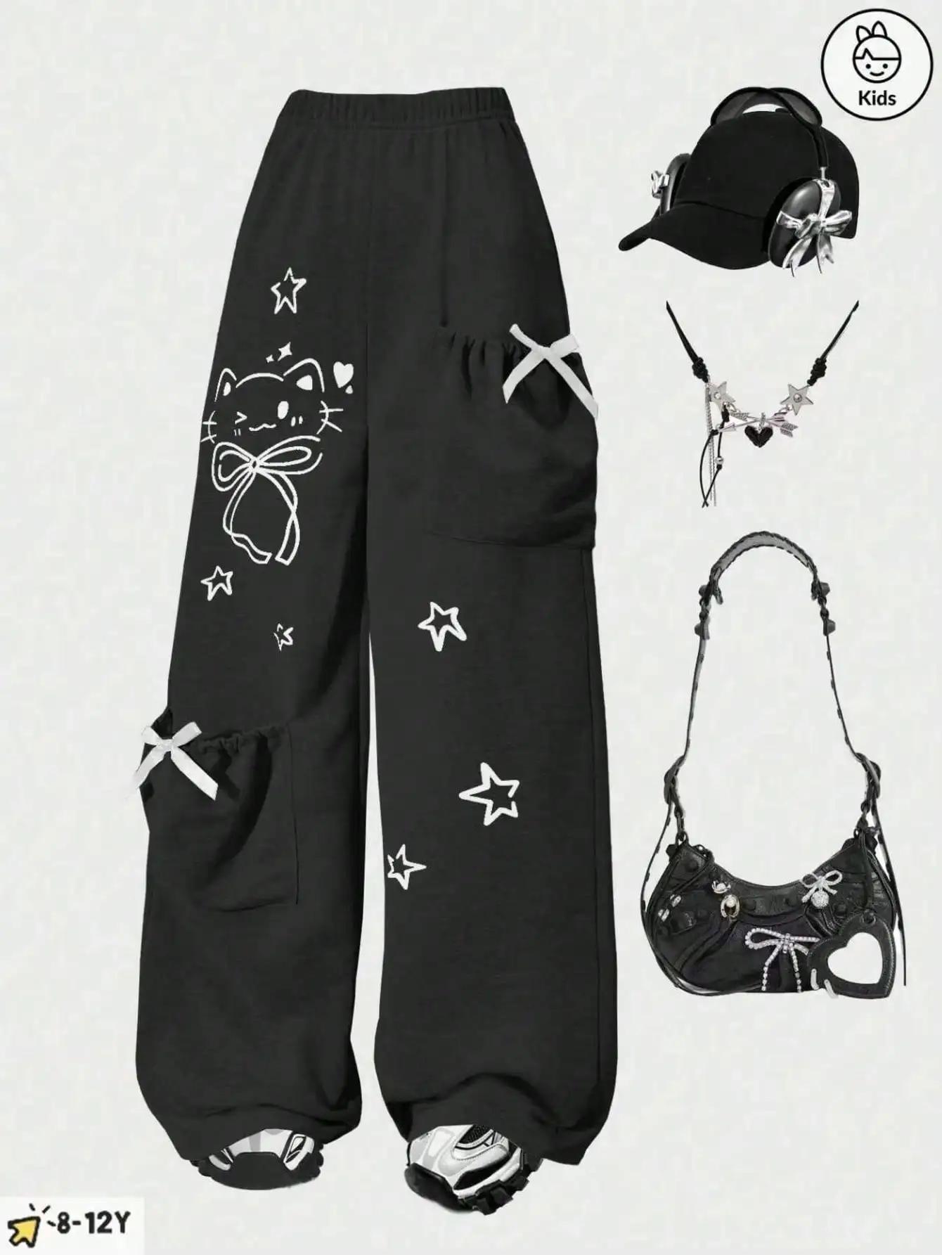 Pantalons décontractés à la mode pour filles, pantalons amples à jambes droites avec un design de po